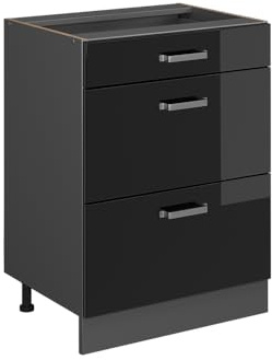 Vicco Küchenunterschrank R-Line, Schwarz Hochglanz, 60 cm | 3 Schubladen · Ohne Arbeitsplatte · Höhenverstellbare Füße · ✓ Leichter Zugriff · ✓ Frei kombinierbar