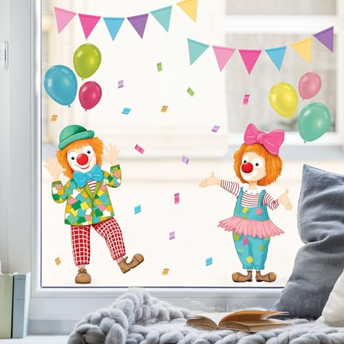 Wandtattoo Loft Fensterbild Karneval Clowns Girlande Luftballons wiederverwendbar Frühling bunte Dreiecke Fasching farbig, 1. A3 Bogen