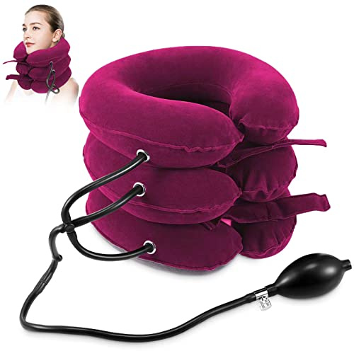 Jaximy Neck Stretcher, Cervical Traction Device, Neck Traction Device, Neck Pain Relief, Adjustable Inflatable Neck Brace & Neck Stretcher, Neck Decompression Home Use (Red)