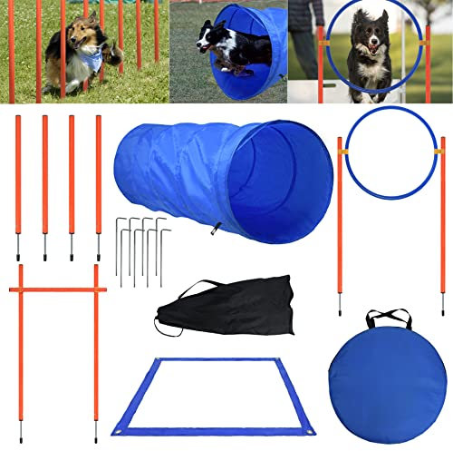 Froadp Agility Hürdenset Slalom Stangen für Hunde Haustiere Hundetrainigsset Koordinationstraining mit Hundetunnel, Einstellbar Hürdenstange, Sprungring, Hochsprungstange, Tragetasche