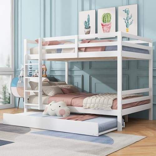 Merax Etagenbett für Kinder 140x200cm, Kinderbett Hochbett mit Rausfallschutz & Ausziehbett, Doppelbett Bettgestell mit Leiter & DREI Lattenrost, platzsparendes, für Mehrkindfamilie, Schlafsaal, Weiß