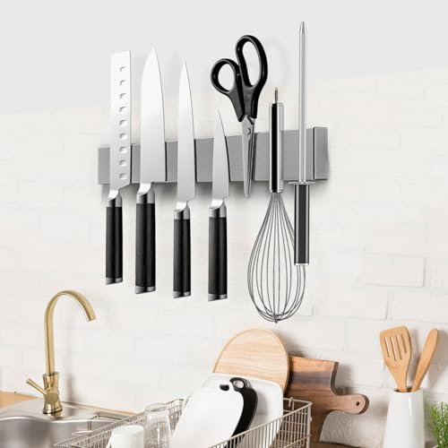 Oziral Magnetic Knife Holder for Wall 30cm/12Inch Knife Magnetic Strip Strong Magnet Secure Simple Installation Self Adhesive Drill Stainless Steel for Knives Utensils Tools Silver