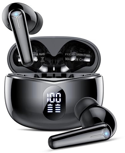 Kicoeon Écouteurs Intra-Auriculaires sans Fil Bluetooth 5.3 avec Microphone HD, Affichage LED, réduction du Bruit pour Hommes et Femmes, Noir