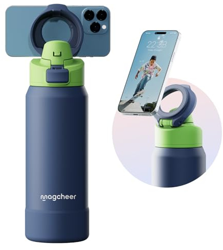 Magcheer Trinkflasche mit Handyhalterung 1L Magnetische Wasserflasche 360° Verstellbar Flasche Magnet Auslaufsichere Edelstahl Isolierflasche für Sport Fitness (Dunkelblau)