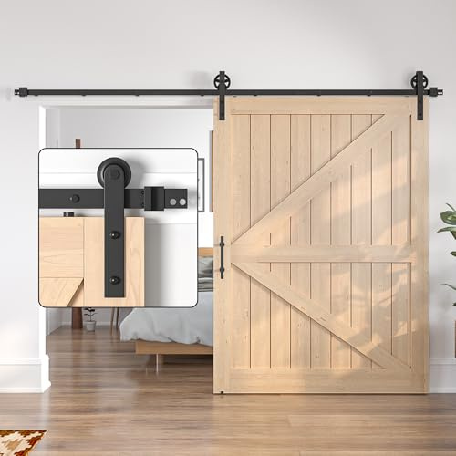 SANKEYTEW 335 cm Schiebetür Set, Holz Scheunentor, robustes Schiebetür Set, schwarze Schiebetürschiene, großes Rad