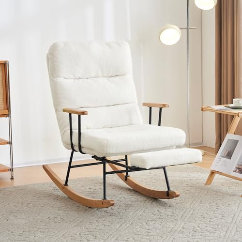 Komfortabler Schaukelsessel, 100cm hoch, 58cm Sitzbreite, mit Schwerkraftverstellung, manuellem Fußstützenmechanismus, stabiler und rutschsicherer Liegefunktion,Schaukelstuhl, Loungesessel (Weiß)