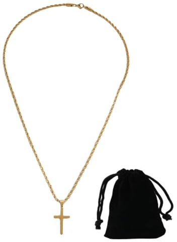 EWOECUI Collar Hombres y Mujeres, Acero Inoxidable, Oro, Cruz, Unisex, 55.5 cm