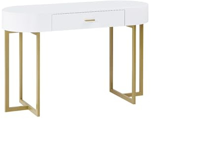 PASCAL MORABITO Vente-Unique - Bureau Console avec 1 tiroir - MDF laqué et métal - Blanc et doré - TORELI II - avec Rangement