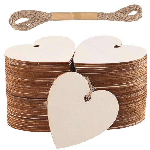 FUNSUEI 80 Stück Holzherzen Deko 10 cm, Holz Herzen mit Loch und 10m Jute Schnur, Holzscheiben Herz Holzherzen Scheiben zum Hängen Basteln Bemalen für Hochzeit, Geburtstag, Festival