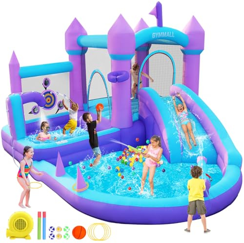 GYMMALL Inflatable Bounce House for Kids 3-8, Purple Dream House Bouncy Castle with Water Slide and 480W Air Blower, Large Bouncy House with Jumping Space, Ball Pit, Swim Pool, Ring Toss, Basketballs