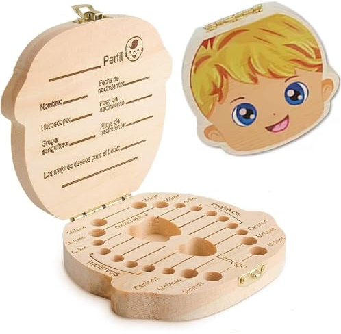 Caja para Dientes de Leche de Madera, Caja para Dientes Leche en Español. | Espacios para cada diente, Niño y Niña, Recuerdo personalizable, ideal bautizos, cumpleaños y conservar recuerdos infantiles.