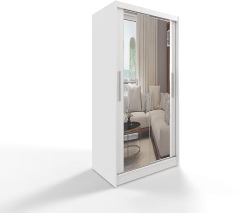 Easy4You 100 cm Modern Sliding 2 Doors White Wardrobe C7 Wardrobe with Mirror for Bedroom Furniture Set with Clothes Rail Storage