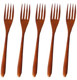Cabilock 5Er Set Holzgabeln Vierzahn Obstgabeln Japanische Art Dessertgabeln Spülmaschinenfest Leichtgewicht Küchenbesteck Für Party Und Haushalt