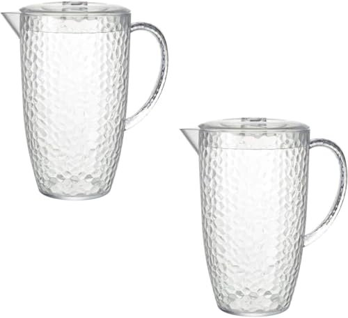 eMKay® Pack of 2 - Dimple Clear Plastic Reusable 2 Litre Picnic Water Jug Pitcher with Lid, Jug with Handle for Serving Cold Drinks, Large Pitcher with Spout for Pouring Juice, Iced Tea, Drinkware