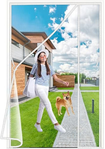 Luxvix Magnet Fliegengitter, 120x210 cm Seitliche Öffnung Fliegengitter Balkontür Ohne Bohren Insektenschutz Fliegenvorhang aus Polyester Netz, mit Klebeband, für Terrassentür Kellertür Weiß