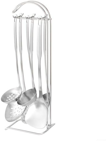 Lot de 7 ustensiles de cuisine en acier inoxydable, ustensiles de cuisine à suspendre, avec support, spatule, cuillère, acier inoxydable