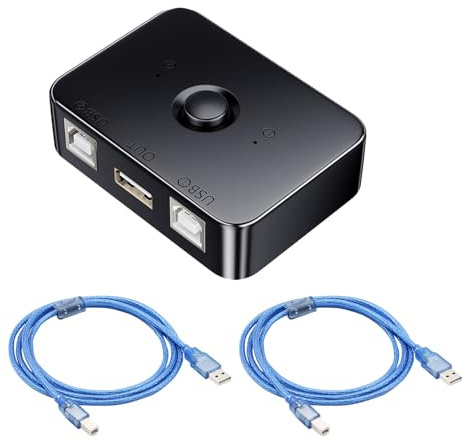 2 Ports USB 2.0 Sharing Switch mit 1,5 m USB 2.0 Druckerkabel, manueller Schalter mit LED, 2 in 1 Freigabe, ideal für Büro, Haus