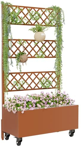 Kinchox Metal Raised Garden Bed with Trellis Outdoor Metal Planter Box with Planting Pockets Garden Box for Climbing Plants Privacy Planters for Patio