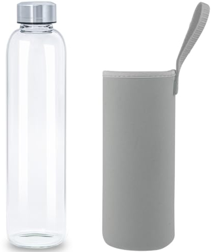 Reeho 500 ml / 0.5 litre Clear Glass Water Bottle Borosilicate Glass Drinking Bottle with Neoprene Sleeve and Leakproof Stainless Steel Lid