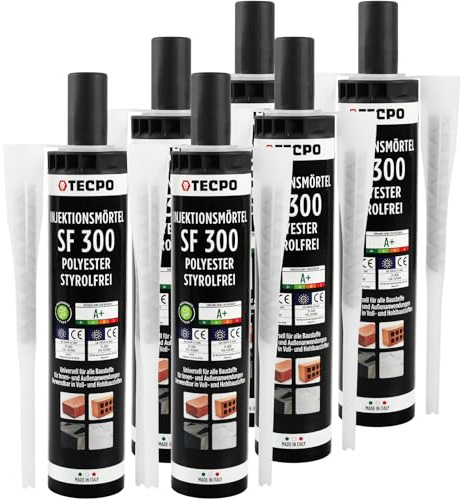 TECPO Lot de 6 mortiers d'injection SF 300 ml avec mélangeur statique mortier pour joint, colle d'ancrage intérieur et extérieur, mortier pour fixation de matériaux pleins et creux