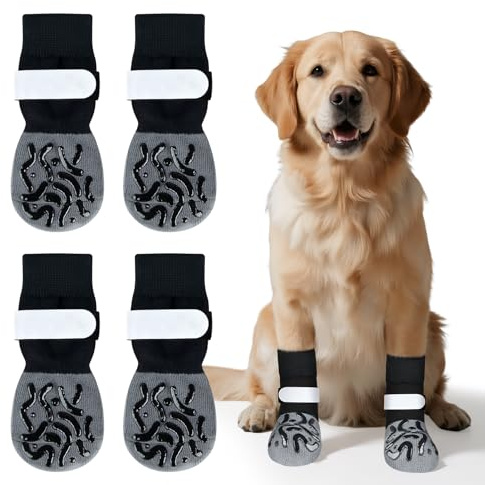 Kiiwah 2 Paar Doppelseitige Hundesocken Pfotenschutz Anti-Rutsch, Hundesocke mit Klettverschluss Riemen Leuchtband, HundeSchuhe Outdoor für den Innen und Außenbereich(Grau, L)