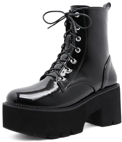 HFWXYSA Wedge Boots Lace Up della Piattaforma Stivaletti alla Caviglia Cinturino alla Caviglia Punta Rotonda Stivali Biker Punk Scarpe,Nero,42 EU