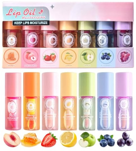 7PCS Lip Oil Set,Hydrating Magic Colour Changing Lip Balm & Long Lasting Lip Gloss Kit,Clear Tinted Lipstick & Lip Care Multipack for Women,Colour Changing Lipstick,Non-Sticky Gloss,Fruit-Flavored