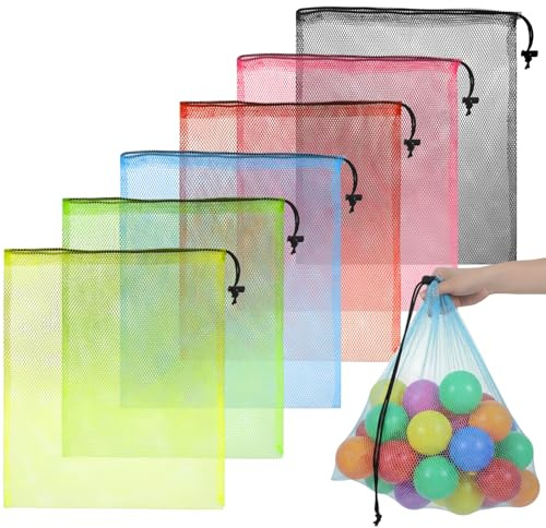 6 Stück Netzbeutel mit Kordelzug, Nylon Bunte Netztasche, Tragen Netzsäcke, Groß Mesh Tasche Aufbewahrungstaschen für Kleidung und Reiseutensilien Strandspielzeug, Sport und Fitnessstudio(40 x 35cm)
