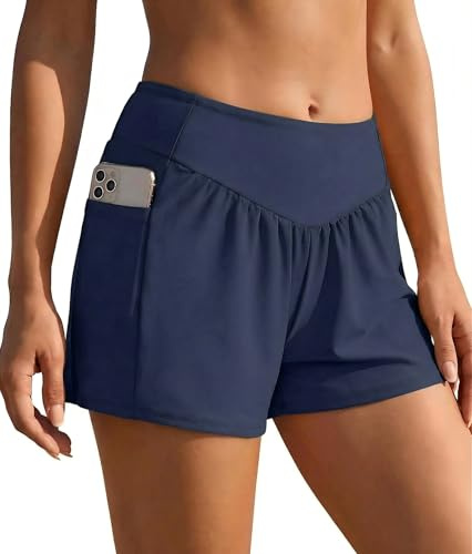 Ekouaer Badeshorts Damen Badehose Schwimmhose High Waist Boardshorts Schnell Trocknend mit Liner Taschen, Navyblau M