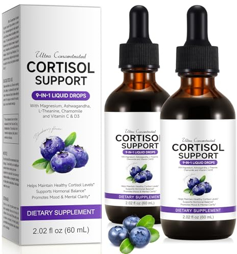 2PCS Cortisol Support with Ashwagandha, Magnesium, L-Theanine, Chamomile and Vitamin C & D3, Cortisol Detox Hormone Balance Supplements Mood, Focus, Stress Relief, Sleep Support -60ml