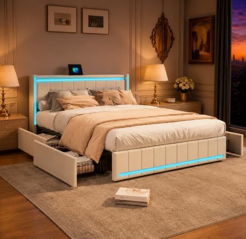 CXHLXYR Vadderad säng 180x200 cm med LED-sängbotten, USB och typ-C, dubbel kapitonnerad säng med 4 lådor, sängram med förvaringsutrymme, för vuxna och tonåringar, Beige-e