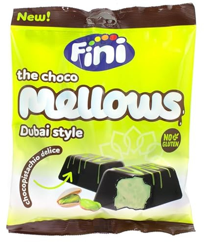 Fini - Choco Mellows | Nubes Cubiertas de Chocolate Rellenas de Pistacho, Estilo Dubai | Mallows ideales para Pascua, Navidades o Cumpleaños | Espumas Sin Gluten - Caja 12 bolsitas de 80gr
