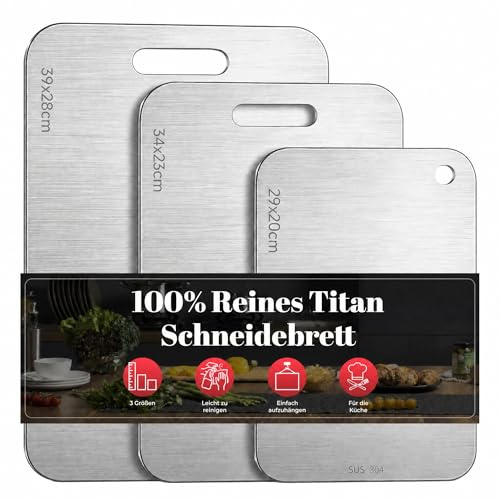 Tagliere Acciaio Inox 304, Set da 3 Pezzi Taglieri da Cucina in Acciaio Inox Alimentare con Finitura Titanio, 39x28/34x23/29x20 cm, per Carne, Frutta e Verdura, Lavabile in Lavastoviglie