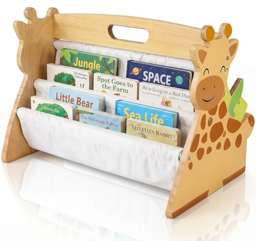Xtrillogen Bücherregal Kinder,Holz Bücherregal mit Doppelseitiges Canvas-Taschen,Tragbar Montessori Kinderregal mit Griff,Buchständer Kinder für Kinderzimmer, Leseecke,Spielzimmer