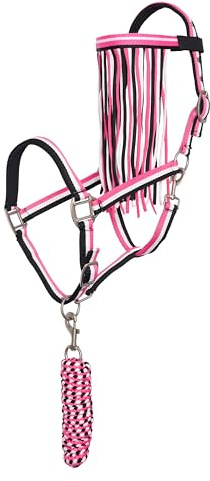 Imperial Riding Set di Cavezza con Maglia e Frangia per Mosche, Robusta Cavezza in Nylon con Fibbia, Chiusura in e Gancio a Scatto, Confortevole e Facile da Pulire, Rosa Neon Shetty