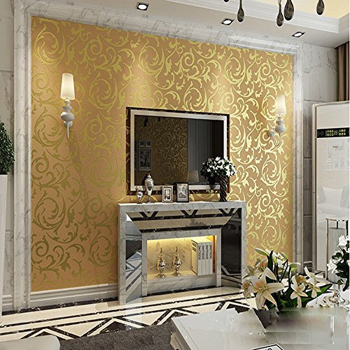 KeTian Modern Luxury Victorian Damask Embossed Textured for Living Room/Bedroom/TV Background Non-Woven Wallpaper Roll 0.53m (1.73' W) x 10m (32.8' L) = 5.3㎡ (57 sq.ft) (Gold Yellow)