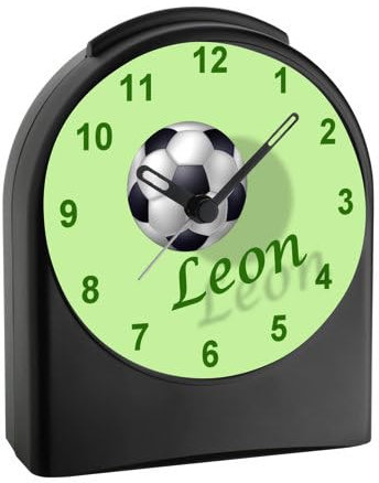 CreaDesign Analog Kinderwecker personalisiert mit (Wunsch) Namen, Kinder Funkwecker ohne Ticken und mit Licht/Beleuchtung, Schulanfang, Motiv Moitv Fußball 2
