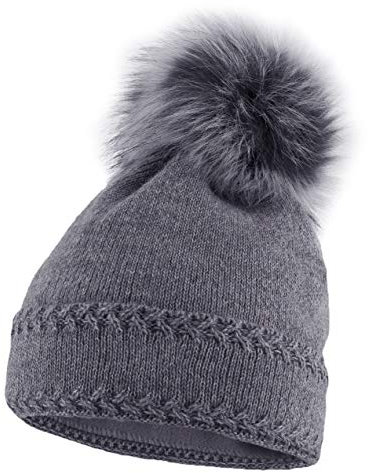 Neverless® gefütterte Damen Strickmütze mit Fell-Bommel und Fleece Futter, Winter-Mütze, Bommelmütze hellgrau