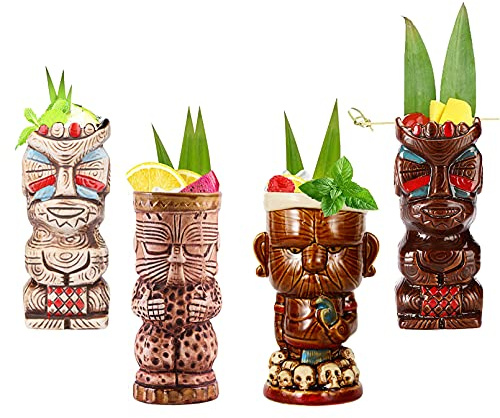 Tiki Becher -Tiki Party Dekoration - Cocktail-Set, 4 Stück, Keramik, Cocktailbecher, Tiki-Tassen, hawaiianische Party, niedliche, exotische Cocktailgläser, hawaiianische Tiki-Tasse,Q10