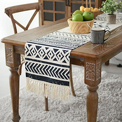 Schwarz-weißer Tischläufer im Boho-Stil, wasserdichtes Leinen mit Quasten-Retro-Druckmuster, geeignet für Esstisch Hochzeit Garten (Schwarzweißdruck, 40 x 140 cm)