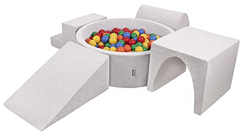 KiddyMoon skumlekplats för barn med runt bollhav, (200 bollar) hinderbana, ljusgrå: gul/grön/blå/röd/orange