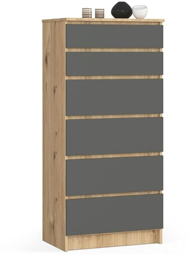 AKORD Kommode K60 mit 6 Schubladen | für das Wohnzimmer Schlafzimmer Schrank Büro Arbeitszimmer | Modernes Funktionales Design | B60 x H130 x T40 cm, Gewicht 43kg | Artisan Eiche/Graphitgrau