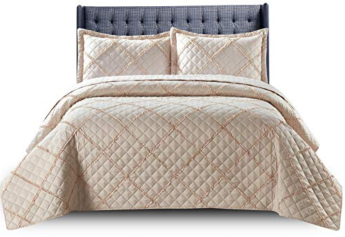 Quilted Bedspread Bed Throws for Room Decor - Quilted Fabric Embossed Striped Pattern Ruffle Design Reversible Quilt Bedspreads Coverlets with Hypoallergenic Pillow Cover (Single, Ruffle Beige)