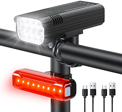 Flintronic Luz Bicicleta LED Recargable USB, Delantera y Trasera 5200mAh, Super Brillante 3000 Lúmenes para Ciclistas y Bicicleta de Montaña