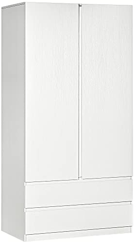 HOMCOM Armadio Guardaroba in Truciolato Bianco con Appendiabiti e 2 Cassetti Scorrevoli per Camere da Letto, 100x60x200 cm