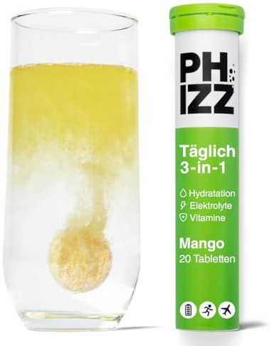 Phizz Elektrolyte, Multivitamin & Hydration Brausetabletten 20 Tabletten – 18 Vitamine & Mineralien, fügen Sie zu Ihrer Wasserflasche hinzu & kalorienarm (20 Tabletten, Mango)