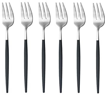 Ensemble de 6 fourchettes à thé en acier inoxydable - Fourchettes à salade à fruits - Couverts de cuisine - Fourchettes à dessert - Fourchettes à gâteau - Noir et argenté