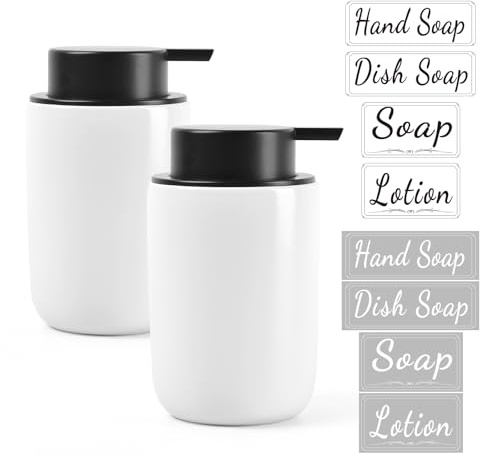 BosilunLife Foaming Soap Dispenser Set - White Ceramic Foam Hand Dispenser 12oz Soap Dispenser Set with Rust Proof Pump, 4Pcs Clear Stickers for Kitchen, Bathroom - 2 Pack