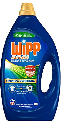 Wipp Express Limpieza Profunda Higiene y Antiolores (55 lavados), detergente líquido quitamanchas para lavadora, para coladas higiénicamente limpias