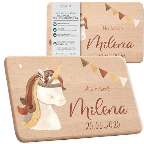KIDSMOOD - Individuelles Brettchen Kinder Holz, Niedliches Frühstücksbrettchen personalisiert mit Wunschnamen und Einhorn-Motiv, Als Taufgeschenk und Babygeschenk